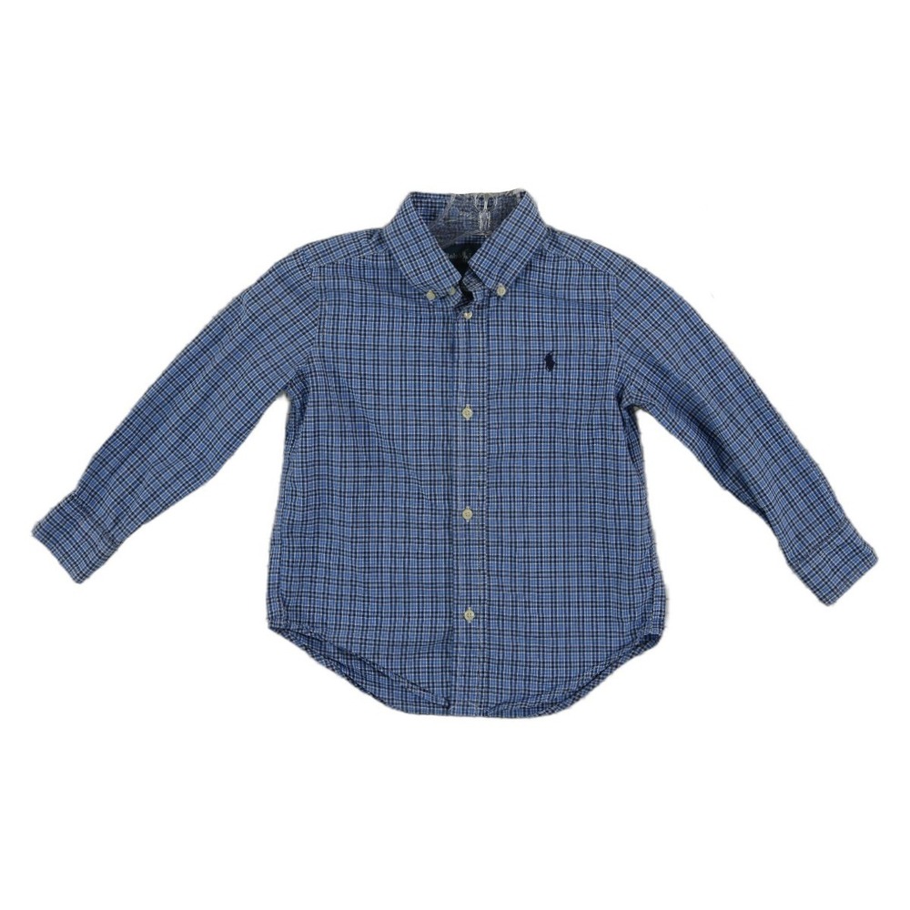 Ralph Lauren Button Down Shirt Boy's Size 3/3T Blue Check Plaid 100% Cotton Pony